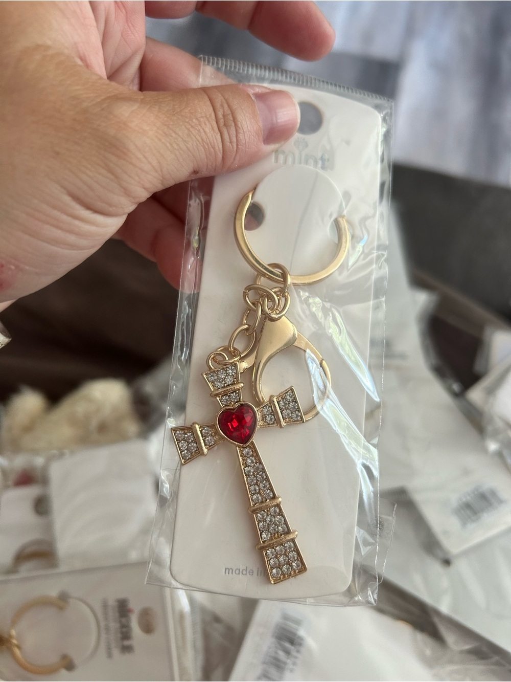 4/$50 Gold Cross Keychain with Red Heart Jewel